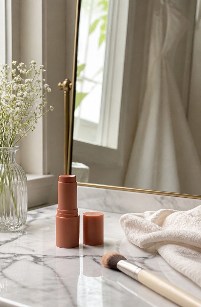 Simple Makeup Pictures: 11 Ideas for Everyday Looks (2026) 1 Cream stick on a marble countertop with model applying makeup.