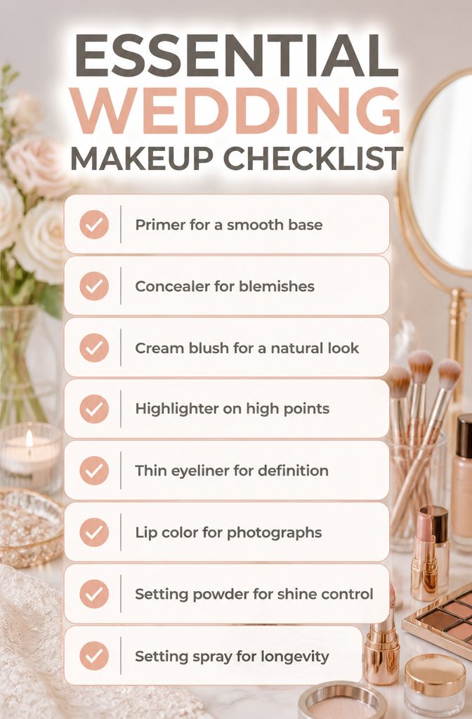 Simple Makeup Pictures: 11 Ideas for Everyday Looks (2026) 13 Essential wedding makeup checklist displayed on a countertop.