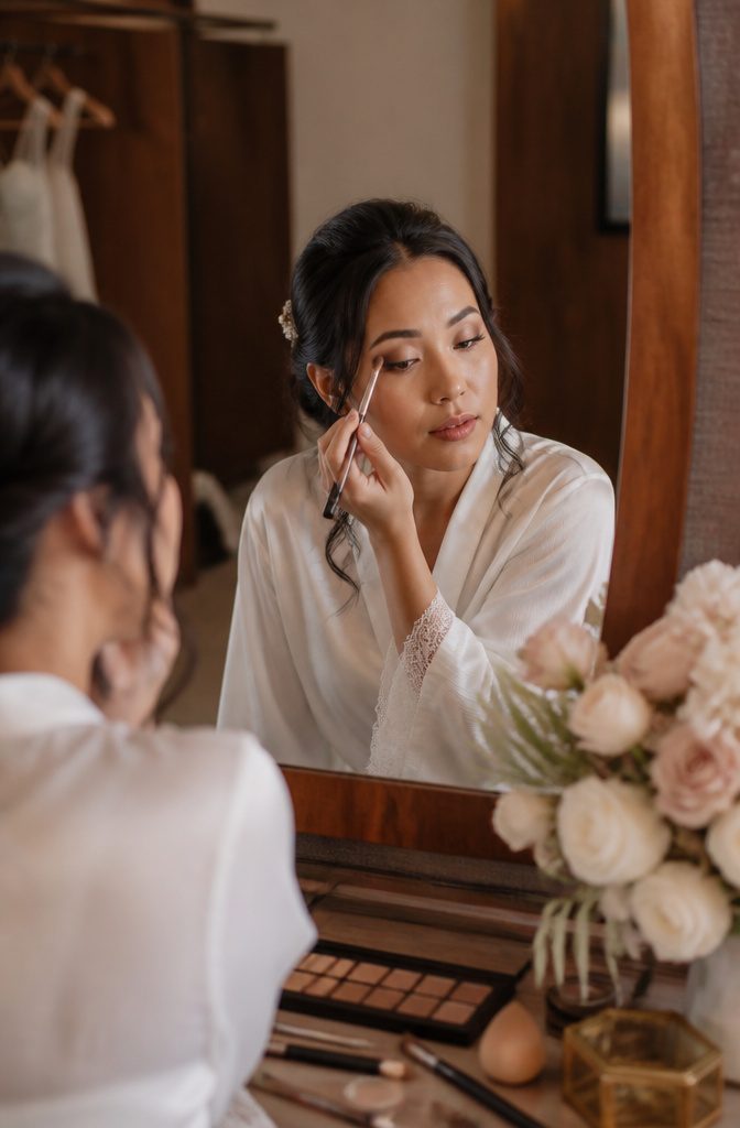 Simple Makeup Pictures: 11 Ideas for Everyday Looks (2026) 4 Model applying light brown smoky eyeshadow in a decorated room.