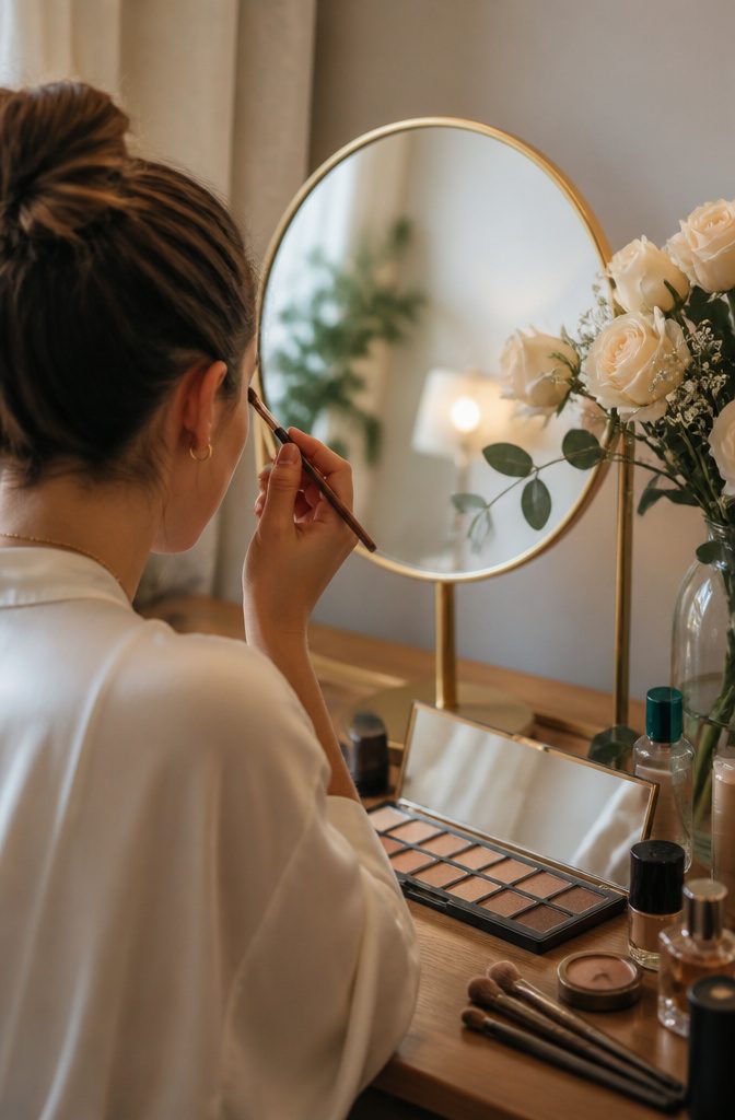 Simple Makeup Pictures: 11 Ideas for Everyday Looks (2026) 8 Model blending eyeshadow for a soft cut crease in a makeup room.