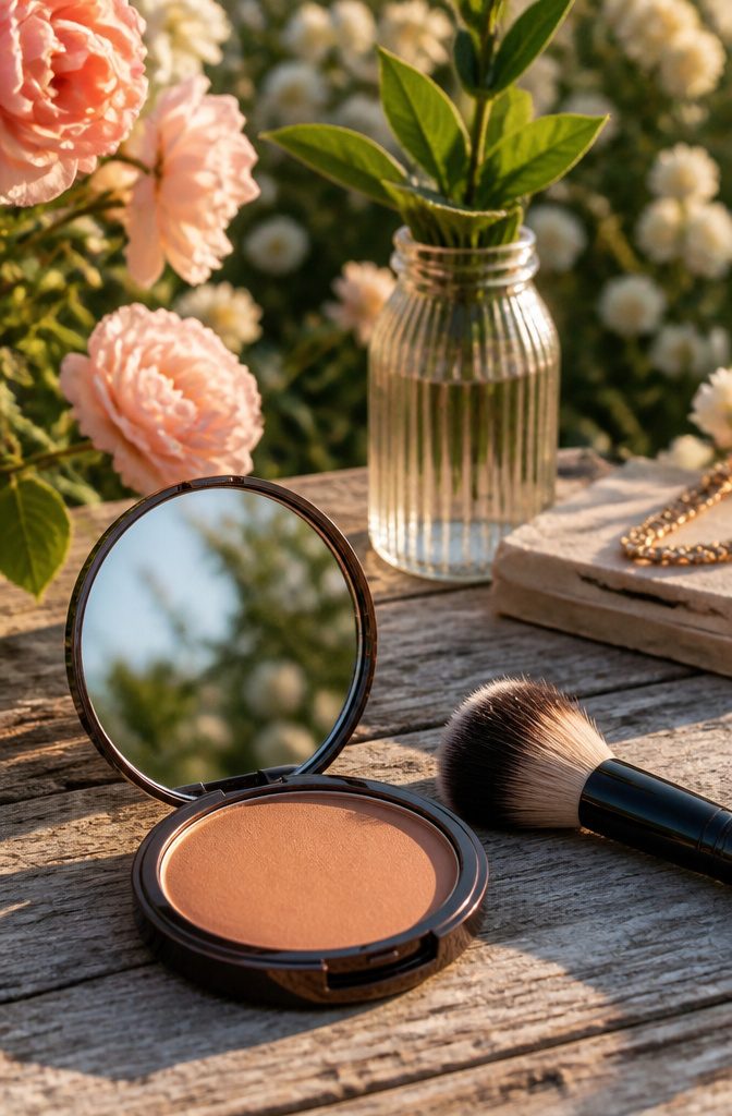 Simple Makeup Pictures: 11 Ideas for Everyday Looks (2026) 3 Bronzer and makeup tools on a vanity with blooming flowers.