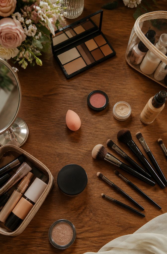 Simple Makeup Pictures: 11 Ideas for Everyday Looks (2026) 12 Beautyblender and makeup brushes displayed on a vanity.