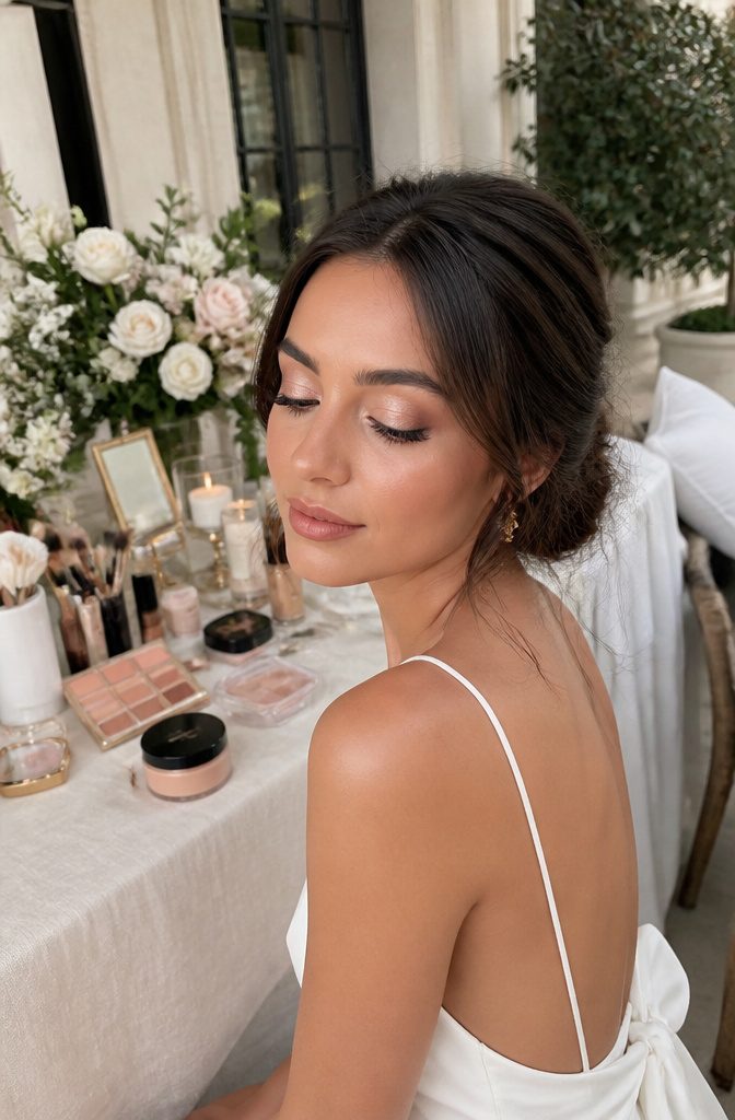 Simple Makeup Pictures: 11 Ideas for Everyday Looks (2026) 10 Model applying shimmer on eyelids at an outdoor wedding venue.