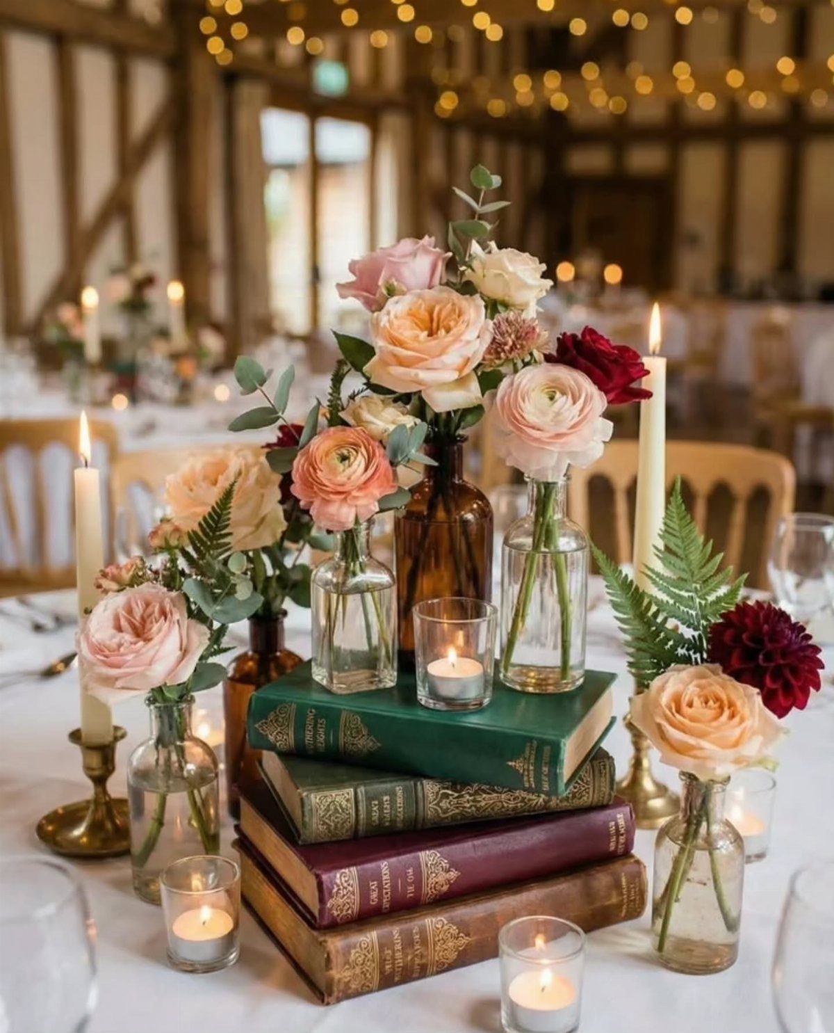 8 Simple Wedding Centerpieces for Budget-Friendly Tables 6 Vintage books stacked on a table topped with floral bud vases and small lit candles.