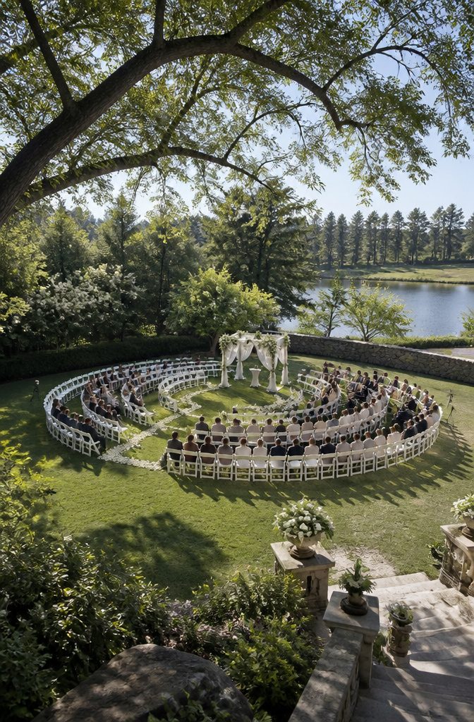 20 Special Wedding Ideas for a 2026 Celebration You'll Remember 12 Guests seated in a circular arrangement during a wedding ceremony.