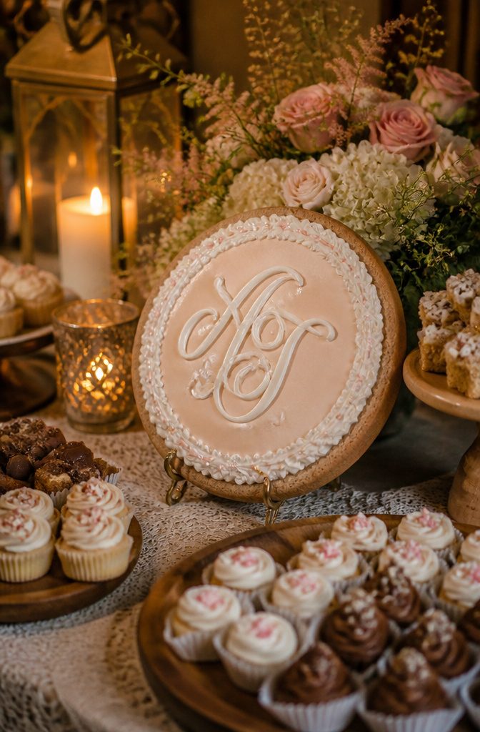 20 Special Wedding Ideas for a 2026 Celebration You'll Remember 13 A large cookie decorated with wedding initials sits on a dessert table.
