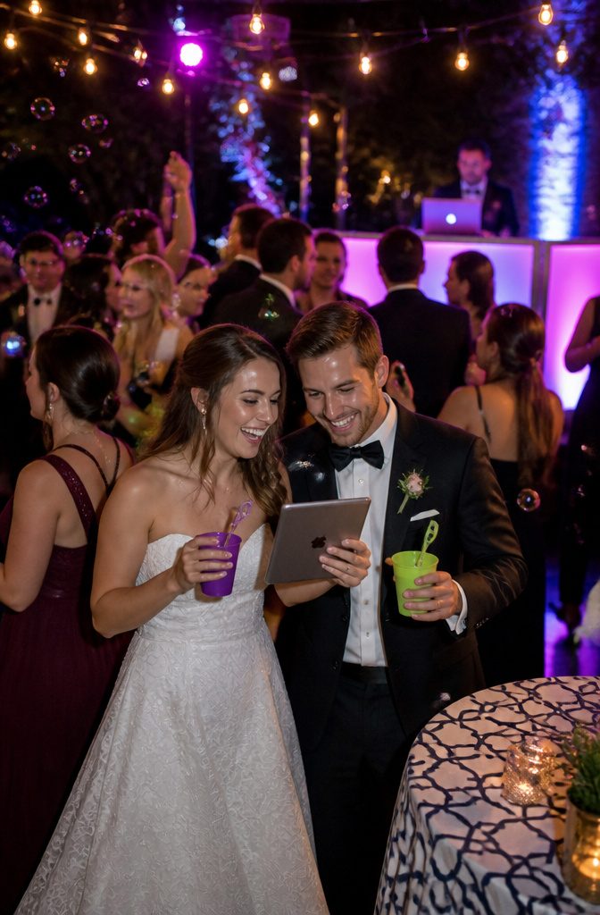 20 Special Wedding Ideas for a 2026 Celebration You'll Remember 2 A couple looks at a digital playlist while guests dance in the background.