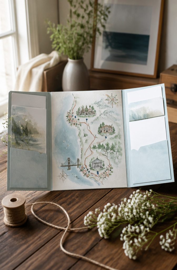 20 Special Wedding Ideas for a 2026 Celebration You'll Remember 11 An invitation suite featuring an illustrated map with watercolor accents.