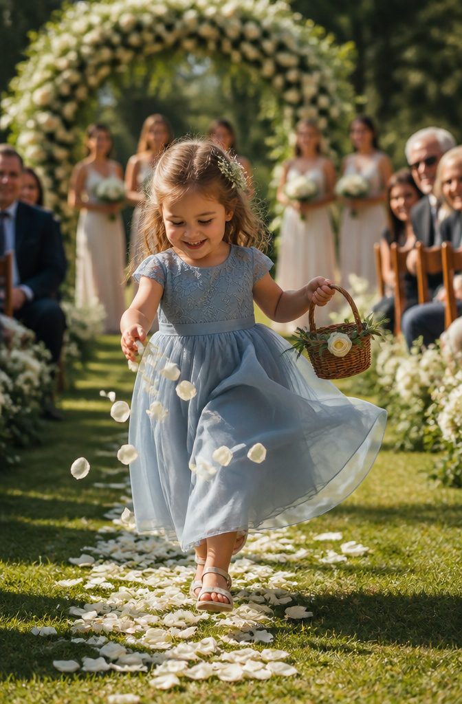 20 Special Wedding Ideas for a 2026 Celebration You'll Remember 3 A flower girl wearing a dusty blue dress poses during the wedding.