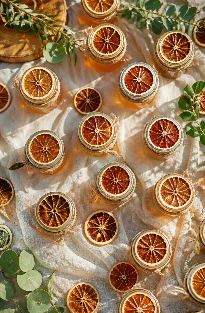 20 Special Wedding Ideas for a 2026 Celebration You'll Remember 7 Small jars of honey topped with dried orange slices are displayed.