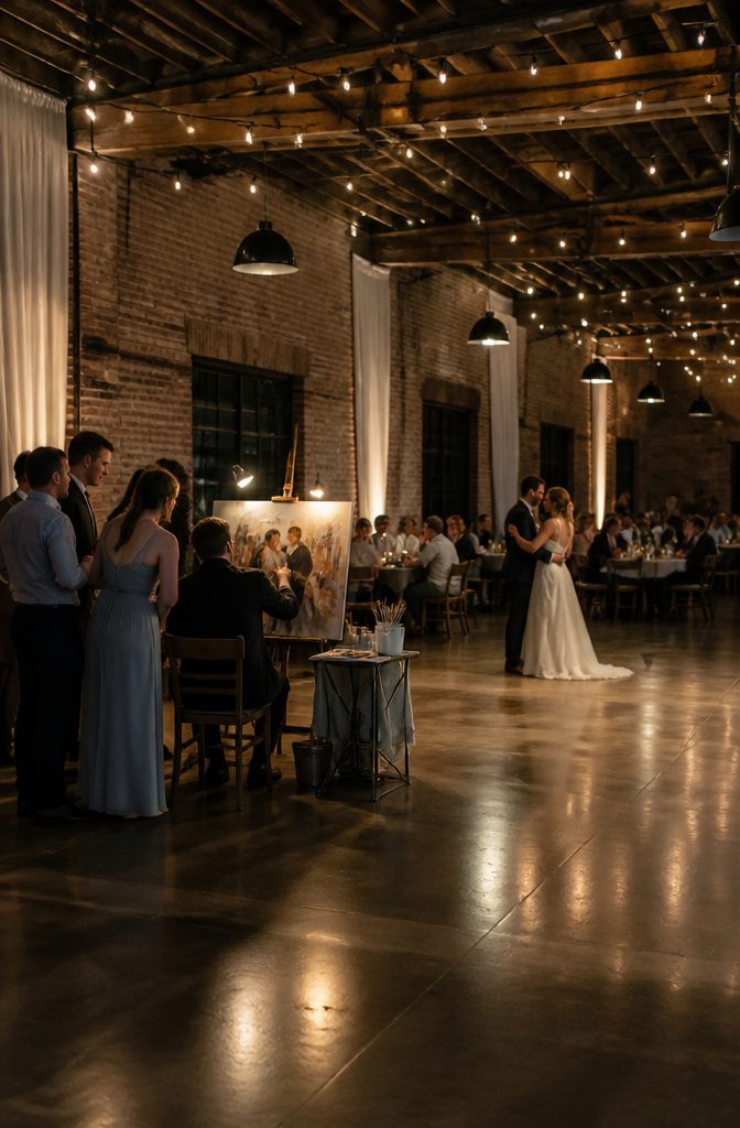 20 Special Wedding Ideas for a 2026 Celebration You'll Remember 17 An artist paints a wedding scene live during the reception.