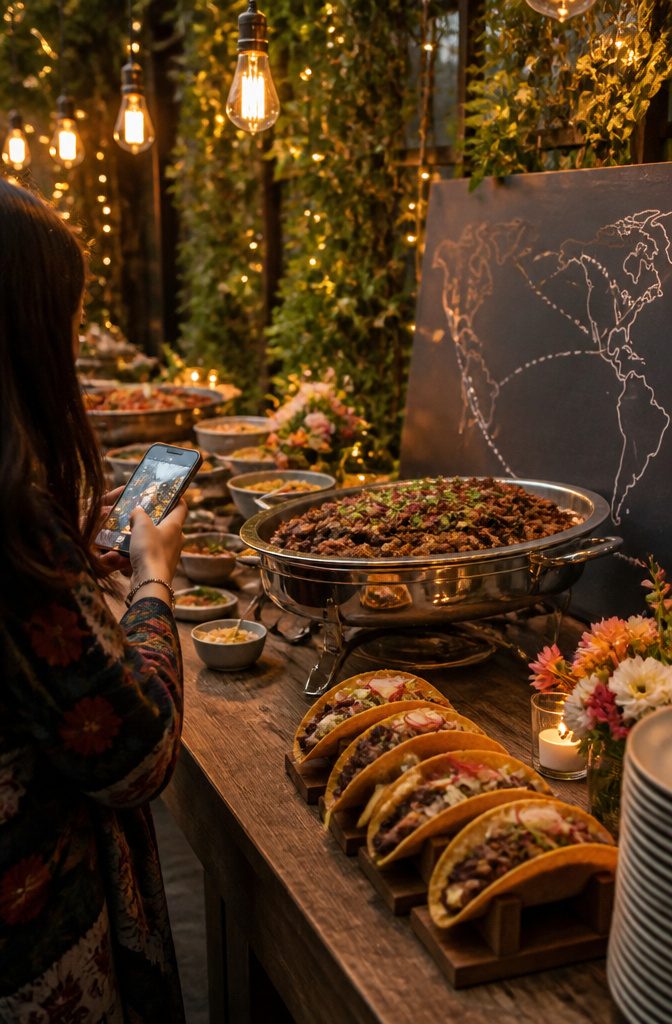 20 Special Wedding Ideas for a 2026 Celebration You'll Remember 10 A buffet table displaying fusion dishes like tacos and brisket.
