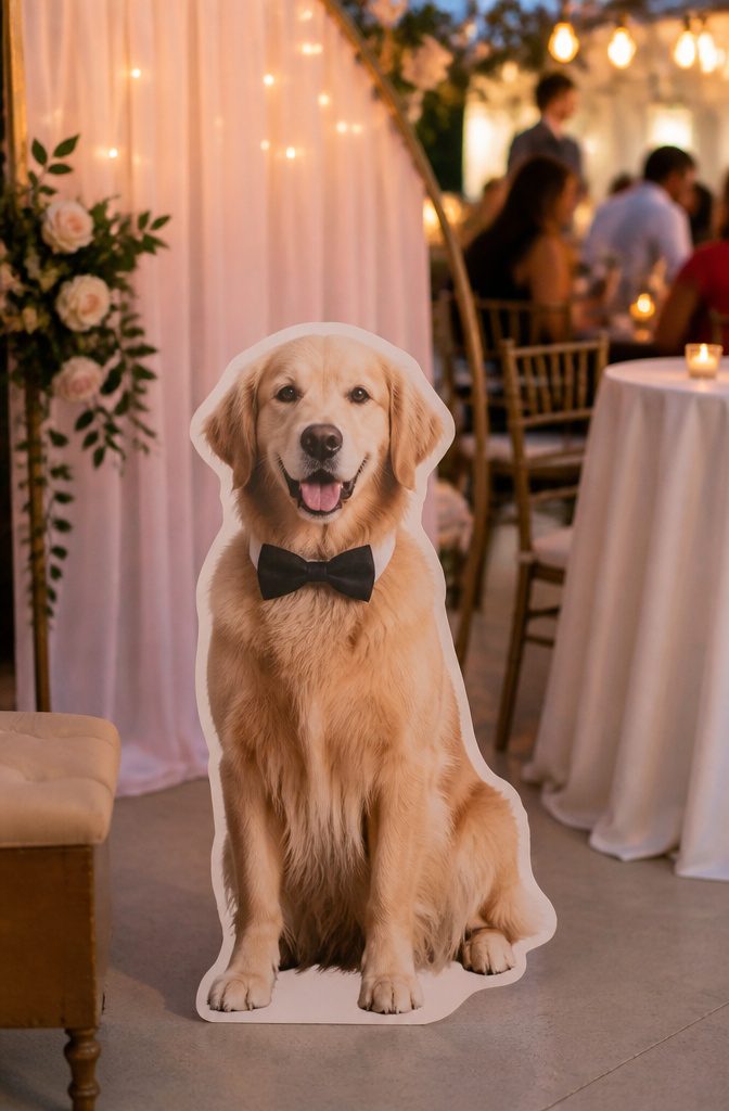 20 Special Wedding Ideas for a 2026 Celebration You'll Remember 18 A cardboard cutout of a dog is featured at a wedding photo booth.