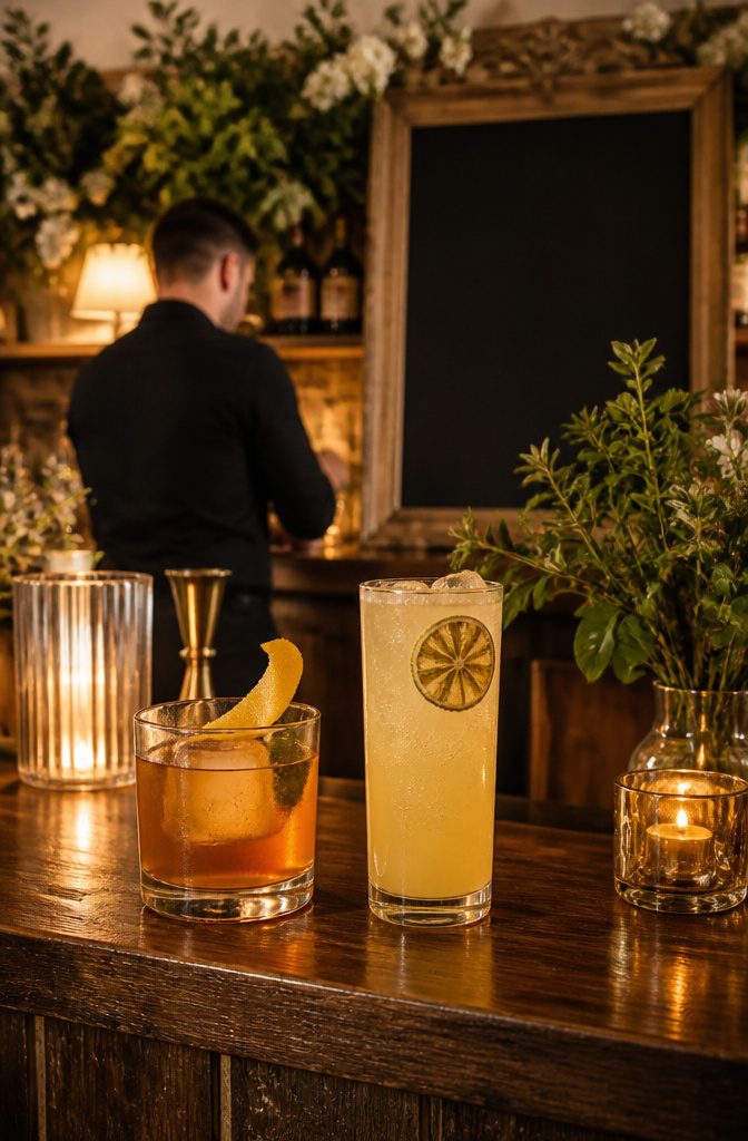 20 Special Wedding Ideas for a 2026 Celebration You'll Remember 19 Two signature cocktails are displayed at a beautifully set bar.