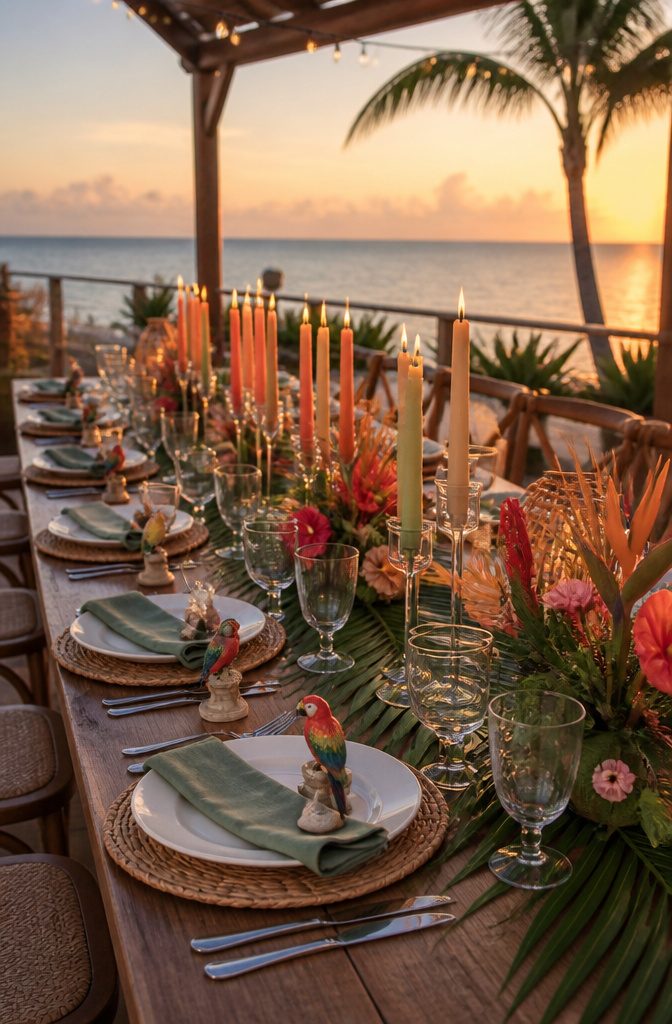 20 Special Wedding Ideas for a 2026 Celebration You'll Remember 6 A beautifully set table with tropical decorations and ombre candles.