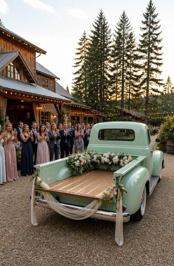 20 Special Wedding Ideas for a 2026 Celebration You'll Remember 20 A decorated vintage pickup truck awaits outside the wedding venue.