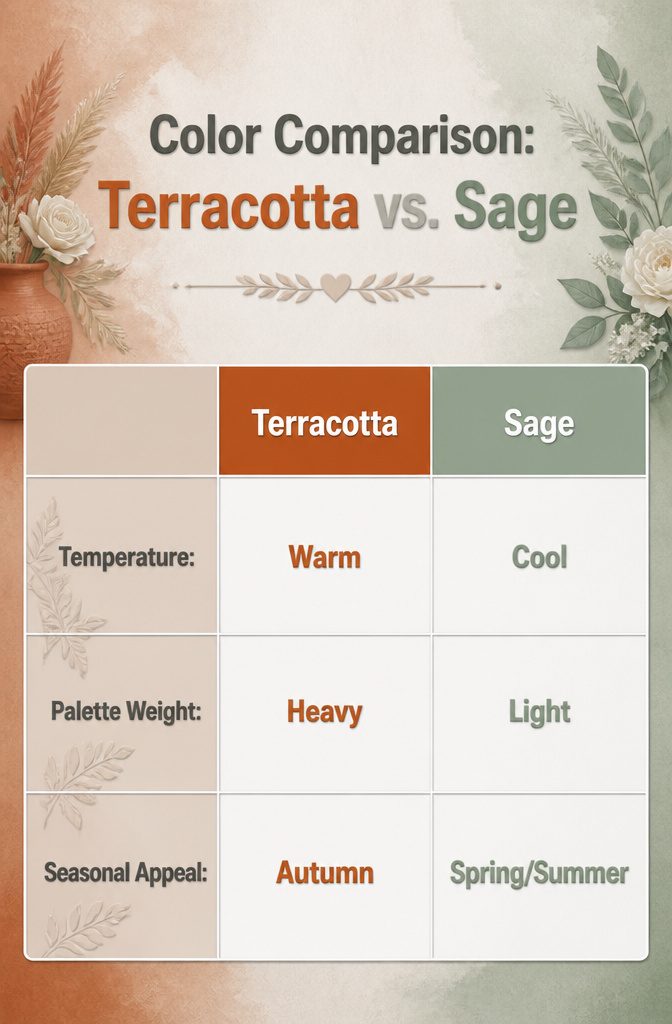 10 Terracotta and Sage Wedding Decor Ideas for Your Reception 11 Color comparison of terracotta and sage with neutral tones.
