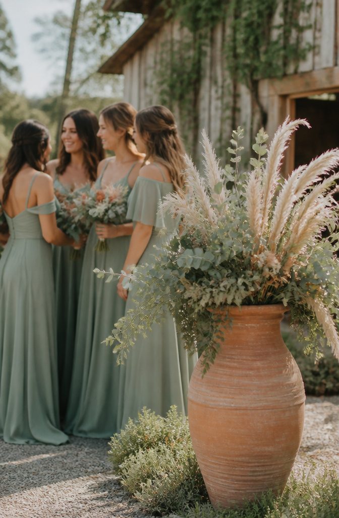 10 Terracotta and Sage Wedding Decor Ideas for Your Reception 6 Bridesmaids in sage green dresses standing together.
