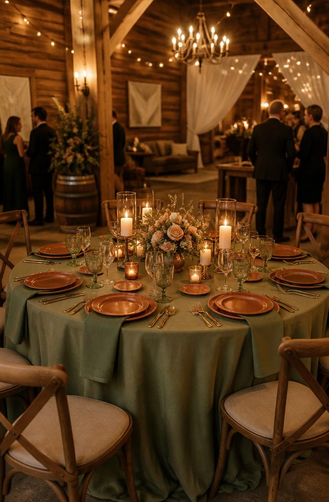 10 Terracotta and Sage Wedding Decor Ideas for Your Reception 2 Round table with sage green linens and terracotta plates.