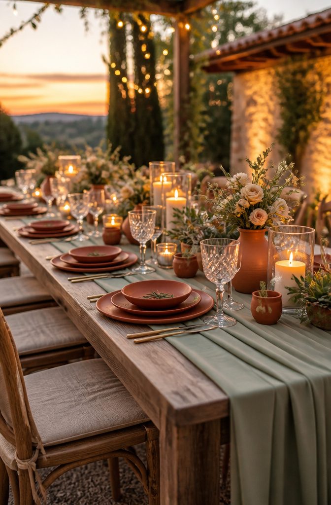 10 Terracotta and Sage Wedding Decor Ideas for Your Reception 10 Sage green table runner draping over a rustic wooden table.