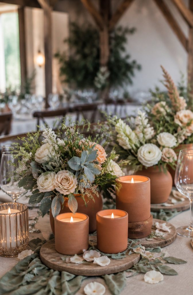 10 Terracotta and Sage Wedding Decor Ideas for Your Reception 3 Close-up of terracotta candles among floral centerpieces.