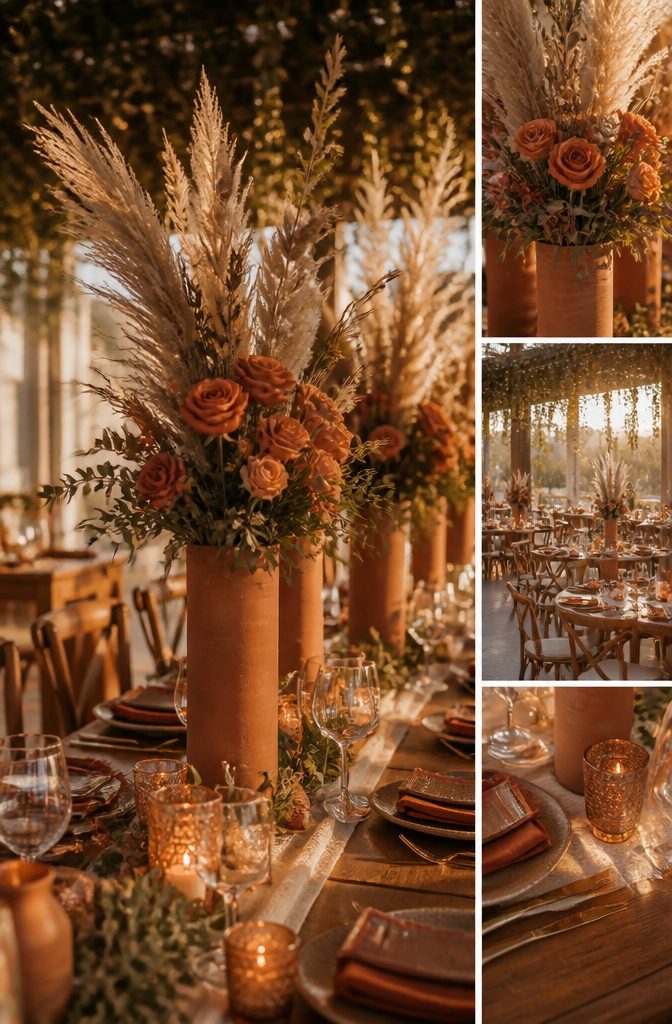 10 Terracotta and Sage Wedding Decor Ideas for Your Reception 7 Centerpieces with terracotta vessels and seasonal flowers.