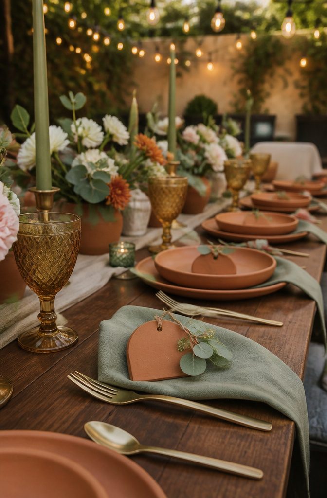 10 Terracotta and Sage Wedding Decor Ideas for Your Reception 5 Unique terracotta place cards with eucalyptus on a table setting.