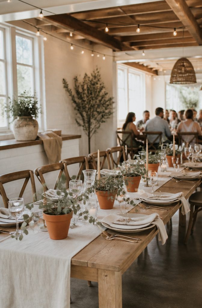 10 Terracotta and Sage Wedding Decor Ideas for Your Reception 1 Terracotta pots used as centerpieces on a wedding reception table.