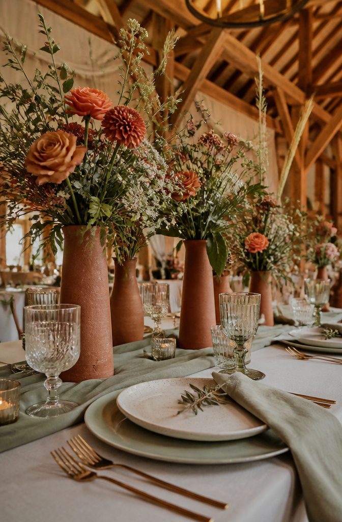 10 Terracotta and Sage Wedding Decor Ideas for Your Reception 9 Terracotta vases filled with flowers on a wedding reception table.
