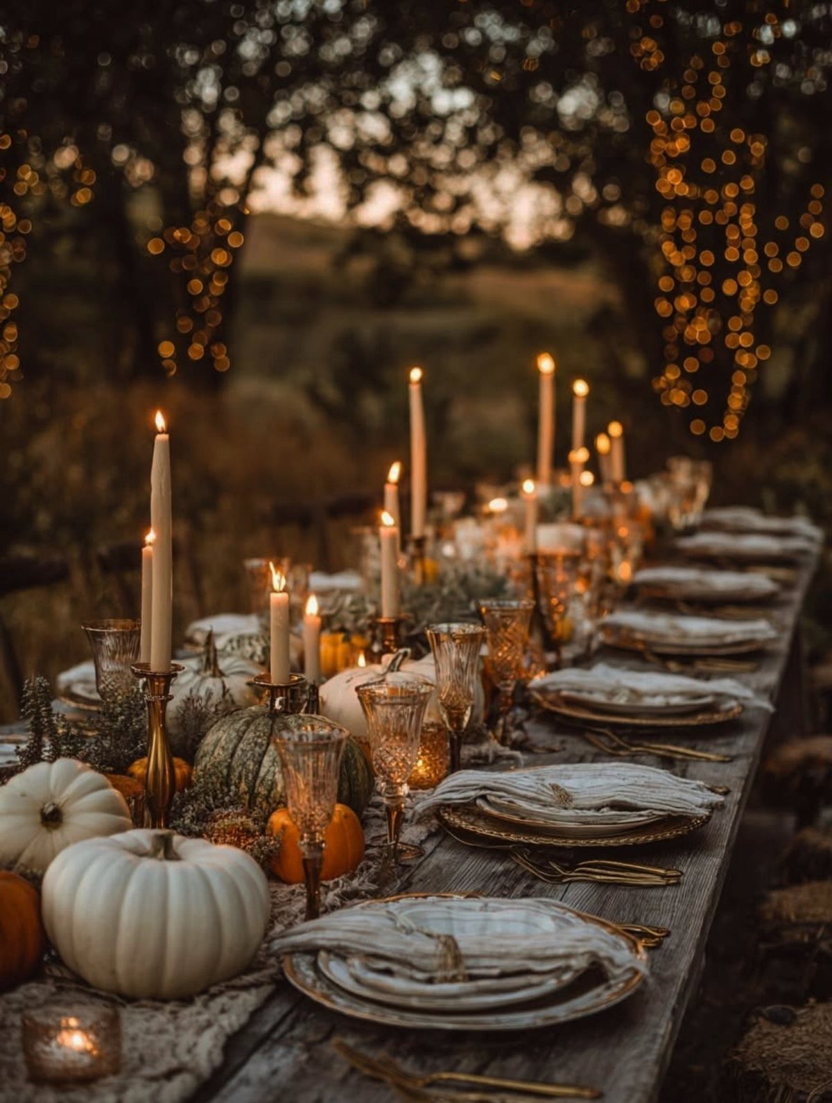 11 Thrifted Wedding Decor Ideas to Steal for Real Budgets 2 A long outdoor dining table decorated with many lit taper candles and white pumpkins.