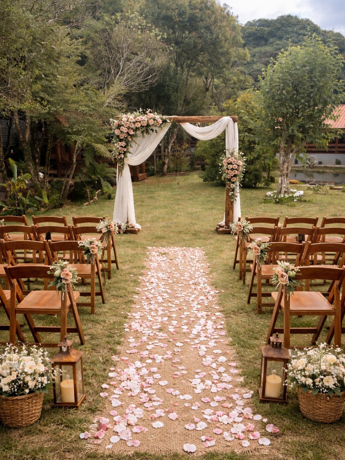 11 Thrifted Wedding Decor Ideas to Steal for Real Budgets 4 Wedding ceremony aisle with burlap runner, pink petals, wooden chairs, and a floral archway outdoors.