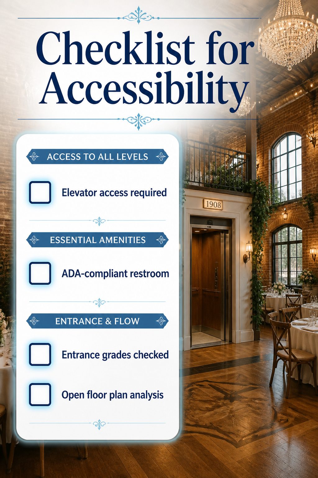 8 Indoor Wedding Venue Types for 2026: Research-Based Picks 12 The Evergreen showing an accessible elevator in a historic venue.