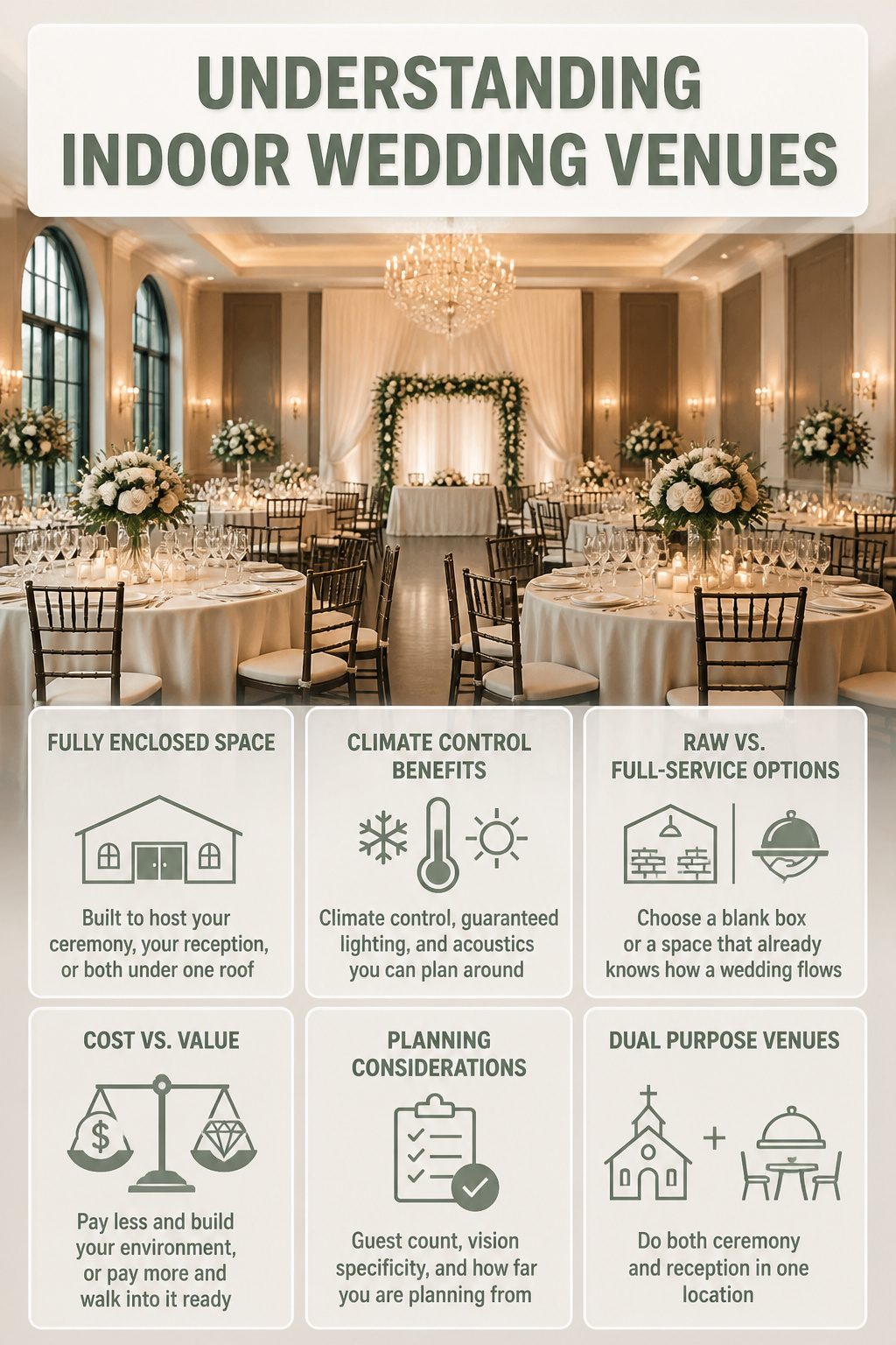 8 Indoor Wedding Venue Types for 2026: Research-Based Picks 1 A graphic detailing the characteristics of indoor wedding venues.