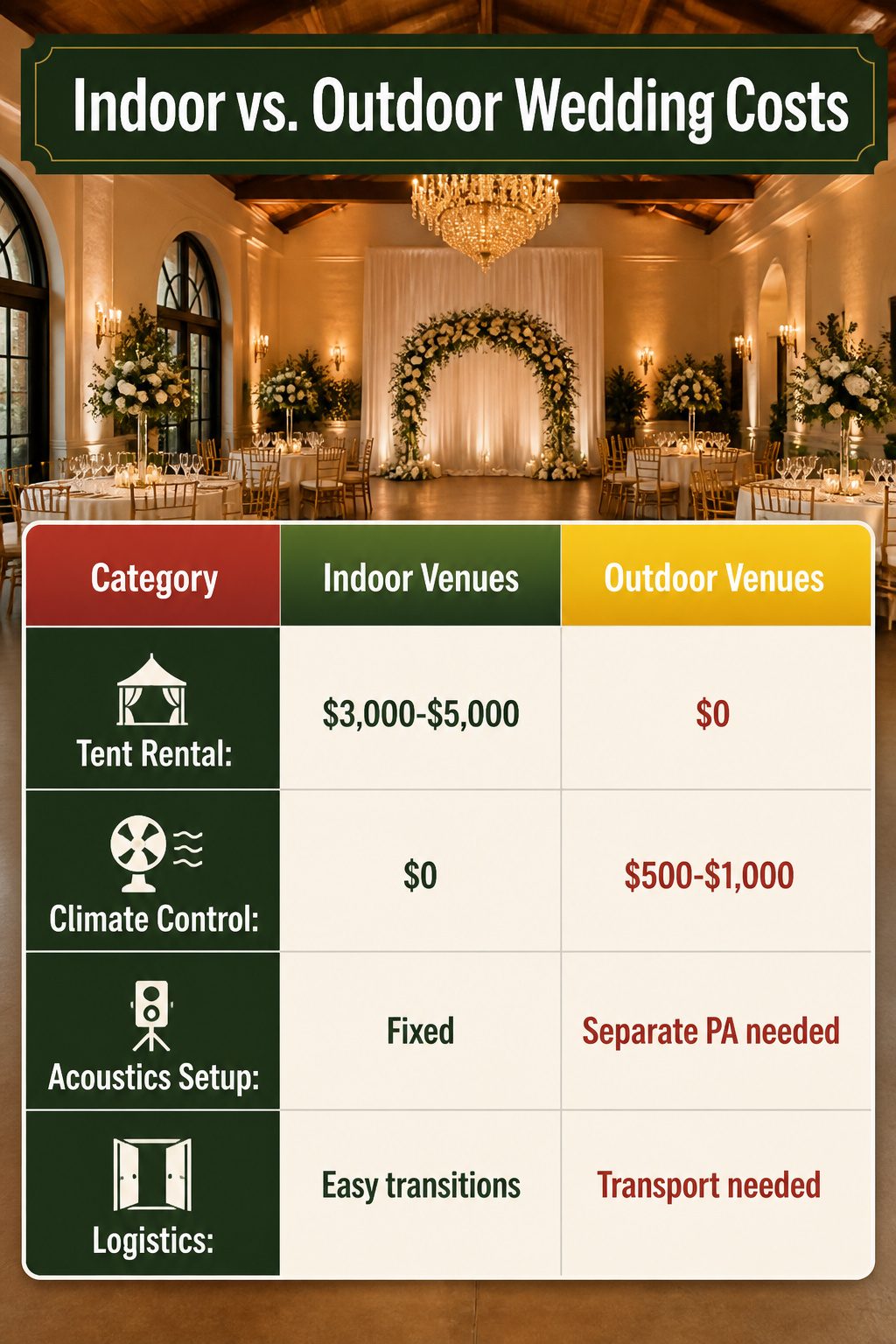 8 Indoor Wedding Venue Types for 2026: Research-Based Picks 10 Graphic illustrating cost differences between indoor and outdoor wedding venues.