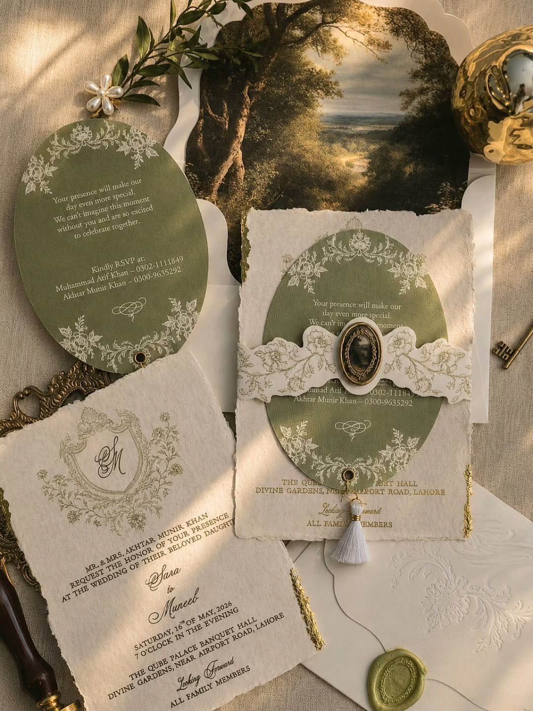 Vintage sage green wedding invitations with botanical designs, lace patterns, and a gold wax seal.