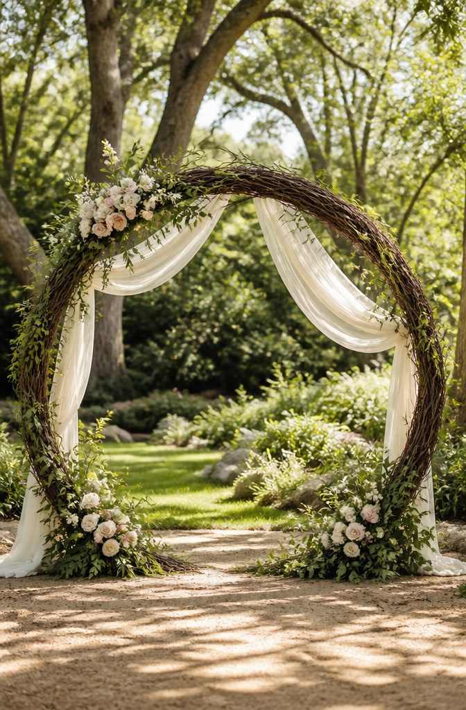 8 Wedding Arbor Decor Ideas for Your 2026 Ceremony 3 Circular wedding arch adorned with vines and flowers.