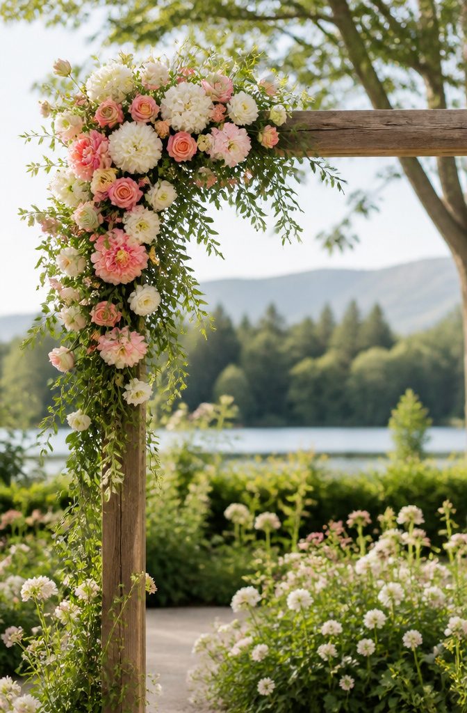 8 Wedding Arbor Decor Ideas for Your 2026 Ceremony 5 Wedding arch decorated with an asymmetrical floral arrangement.