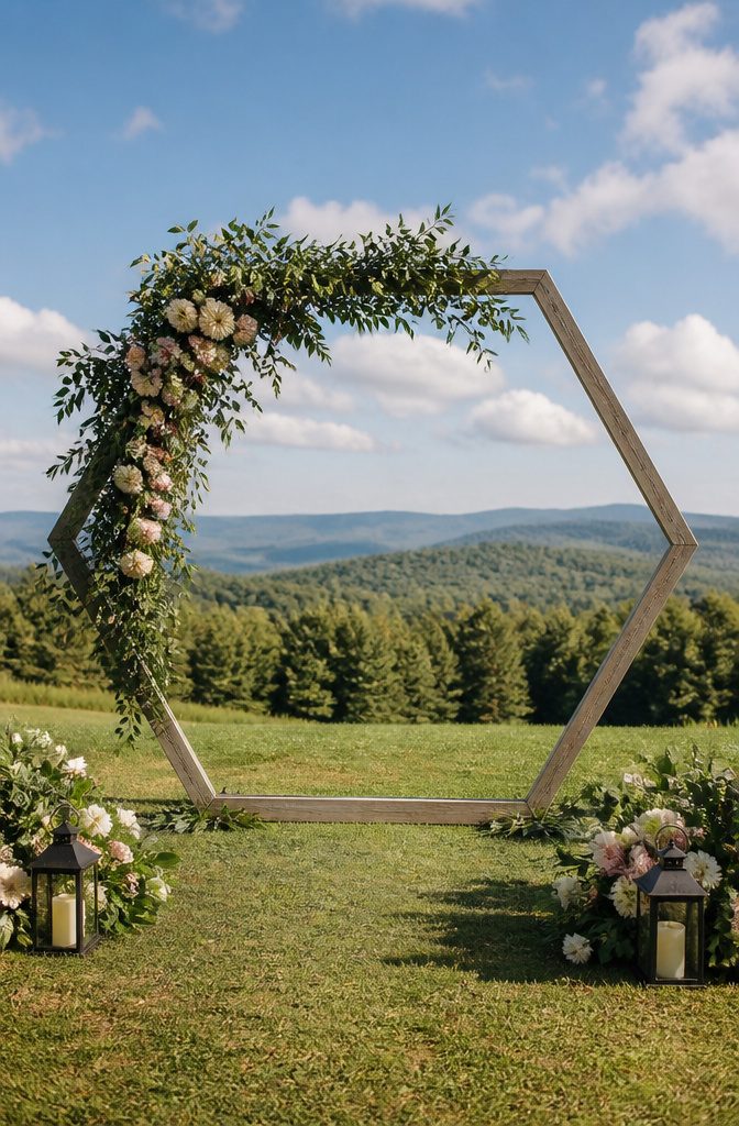 8 Wedding Arbor Decor Ideas for Your 2026 Ceremony 4 Hexagon wedding arch with greenery and flowers in an open field.