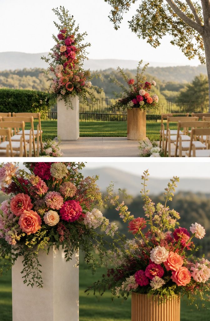 8 Wedding Arbor Decor Ideas for Your 2026 Ceremony 7 Modern wedding arches with floral arrangements flanking the couple.