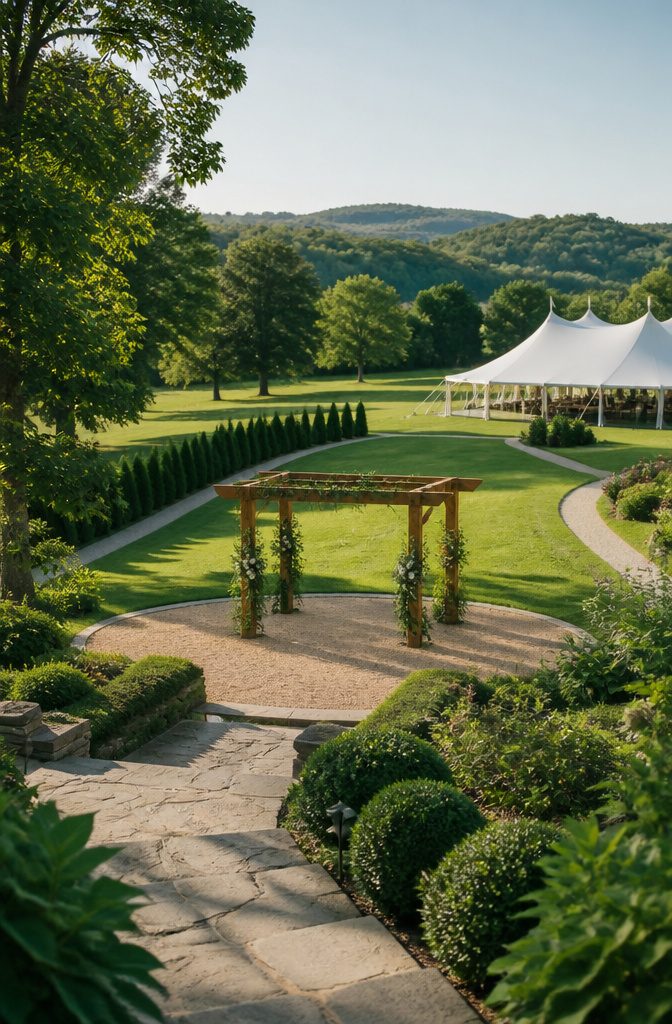 8 Wedding Arbor Decor Ideas for Your 2026 Ceremony 12 White fabric wedding arch in front of a white tent.