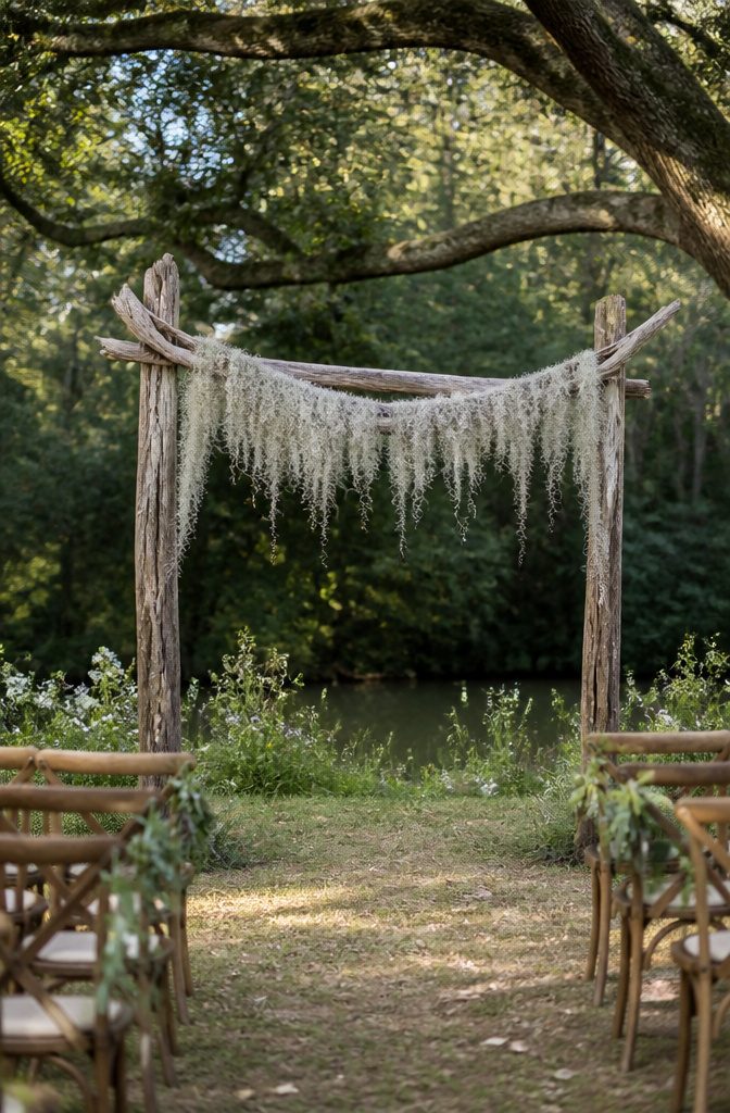 8 Wedding Arbor Decor Ideas for Your 2026 Ceremony 8 Rustic wedding arch made of driftwood with Spanish moss.