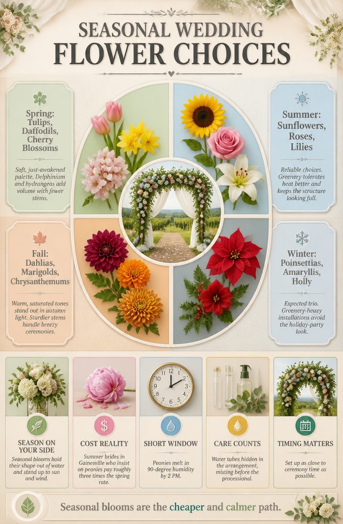 8 Wedding Arbor Decor Ideas for Your 2026 Ceremony 10 Chart of seasonal wedding flower choices for arches.