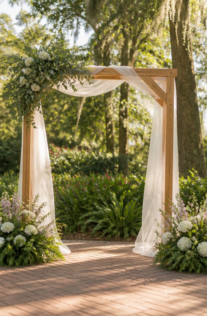 8 Wedding Arbor Decor Ideas for Your 2026 Ceremony 1 Wooden wedding arch surrounded by greenery and soft fabric.