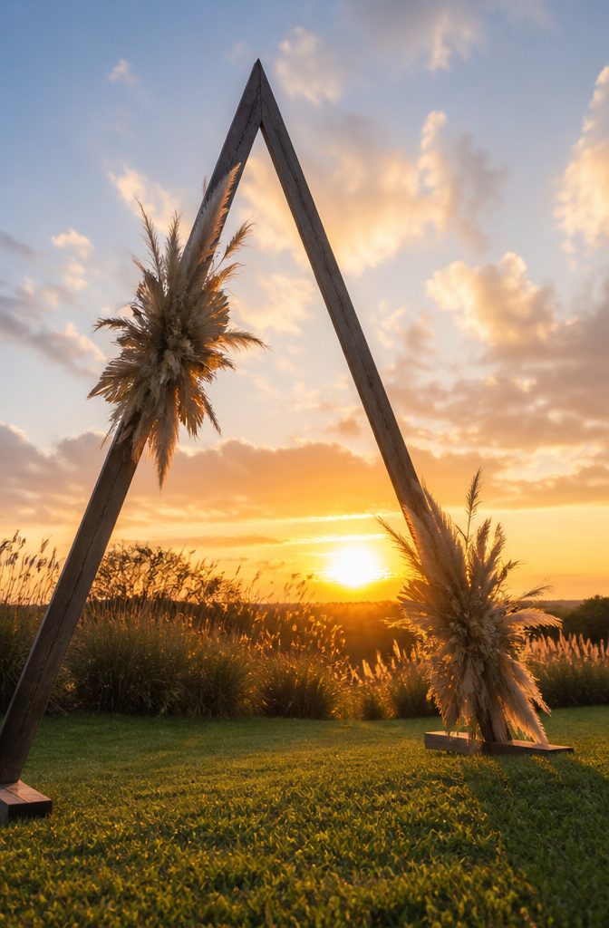 8 Wedding Arbor Decor Ideas for Your 2026 Ceremony 2 Triangle wedding arch decorated with pampas grass and foliage.