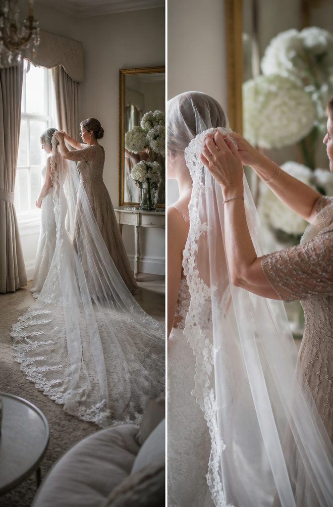 Bride adjusting her veil in a getting-ready room.