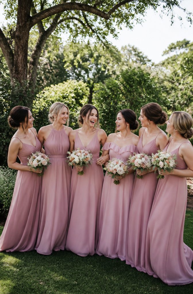Group of bridesmaids in dusty rose dresses looking at each other.