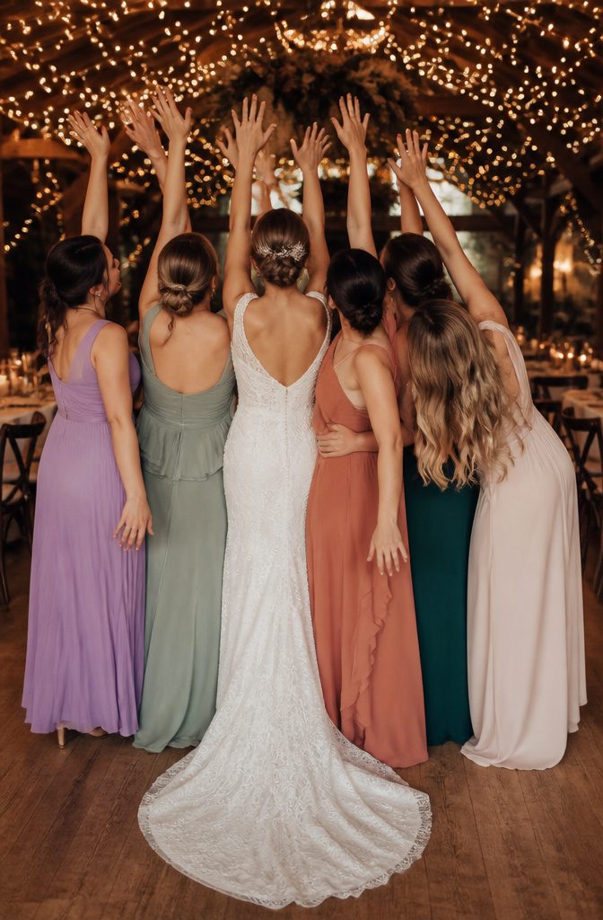 Wedding party with raised arms cheering during a reception.
