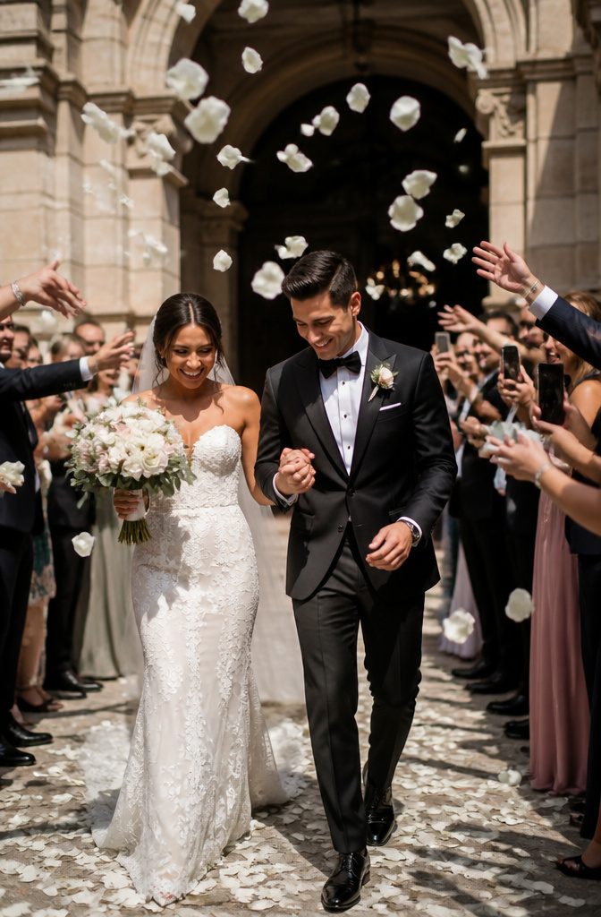 Couple walking down the aisle with guests celebrating around them.