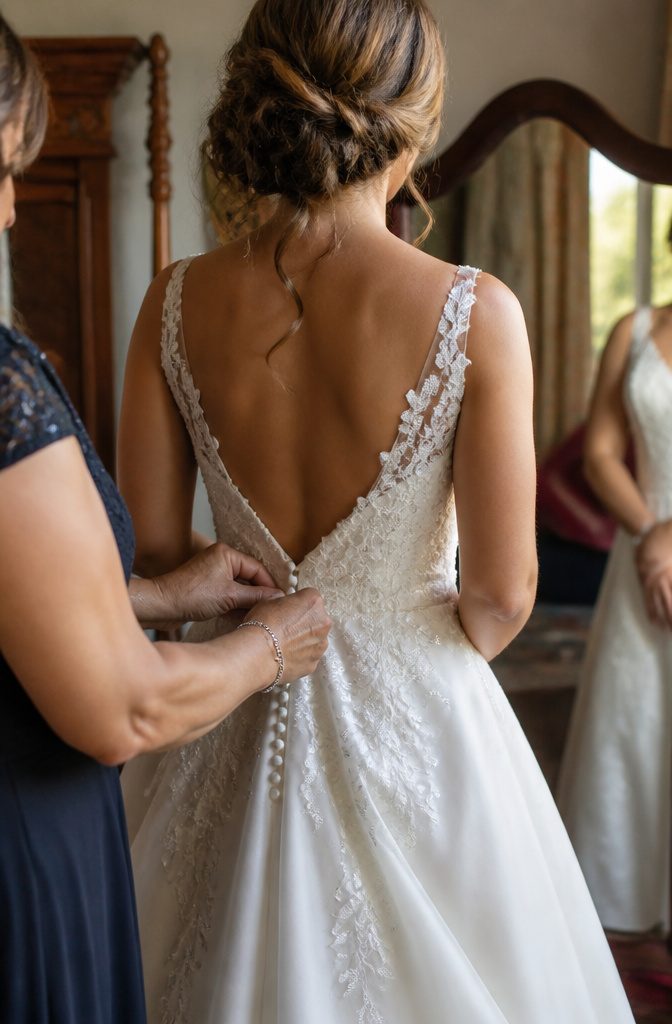 Bride's low back adorned with lace while someone buttons her dress.
