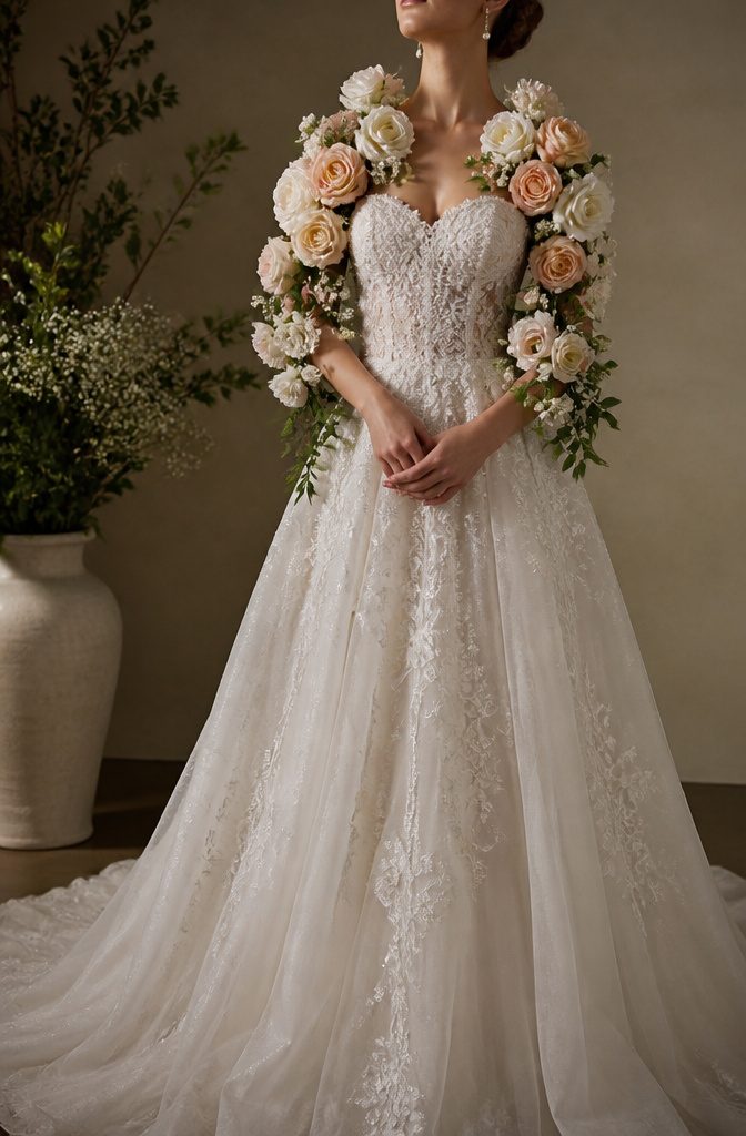 Bride with floral arrangement around her neckline in a studio.